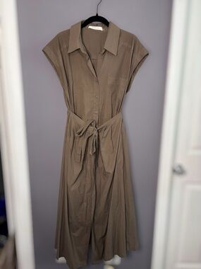 Mustard Seed Khaki Taupe Cotton Midi Shirt Dress Small
